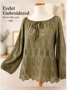 Love and Liberty Olive Embroidered Eyelet Boho Peasant Blouse Size S